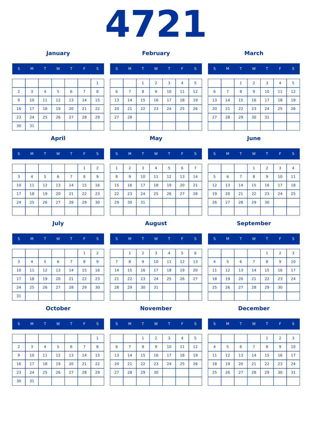 Printable 4721 Year Calendars smalt