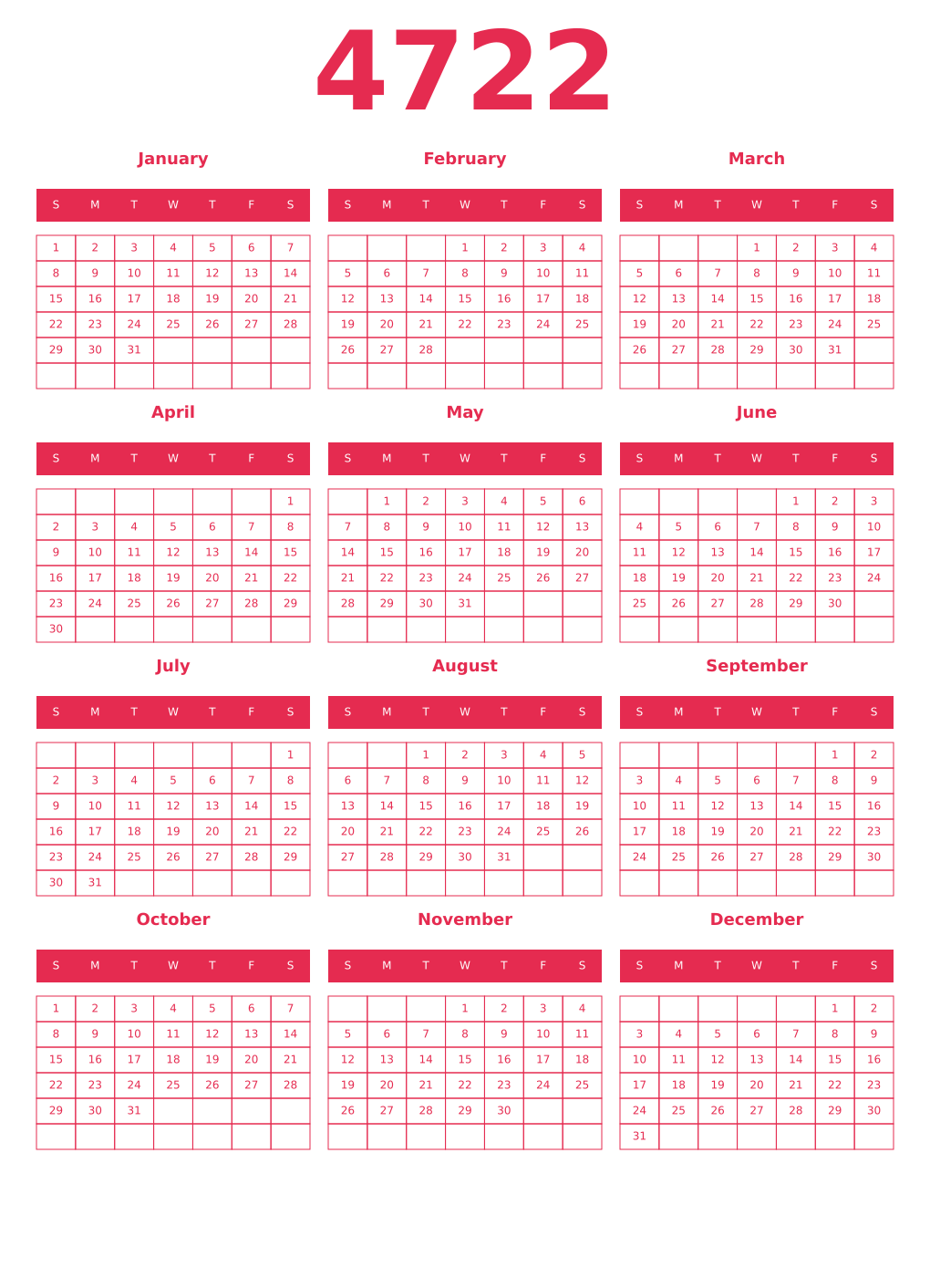 Printable 4722 Year Calendars amaranth
