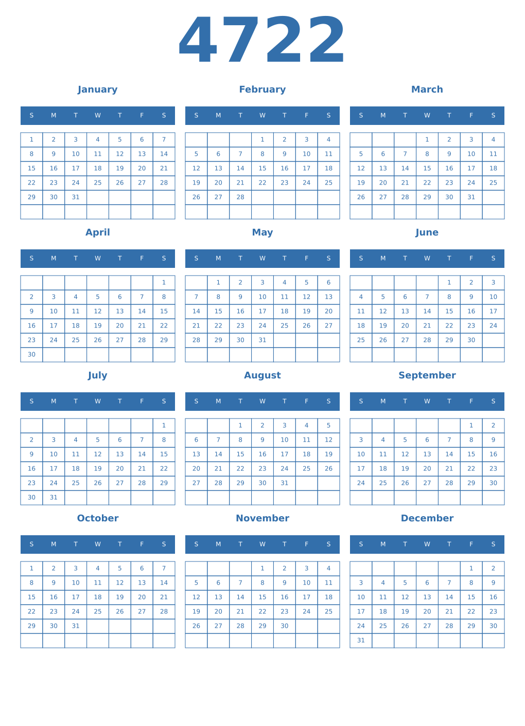 Printable 4722 Year Calendars blue