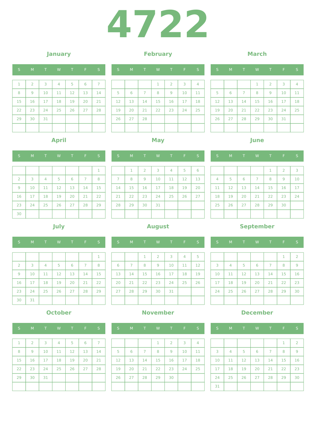 Printable 4722 Year Calendars celadon