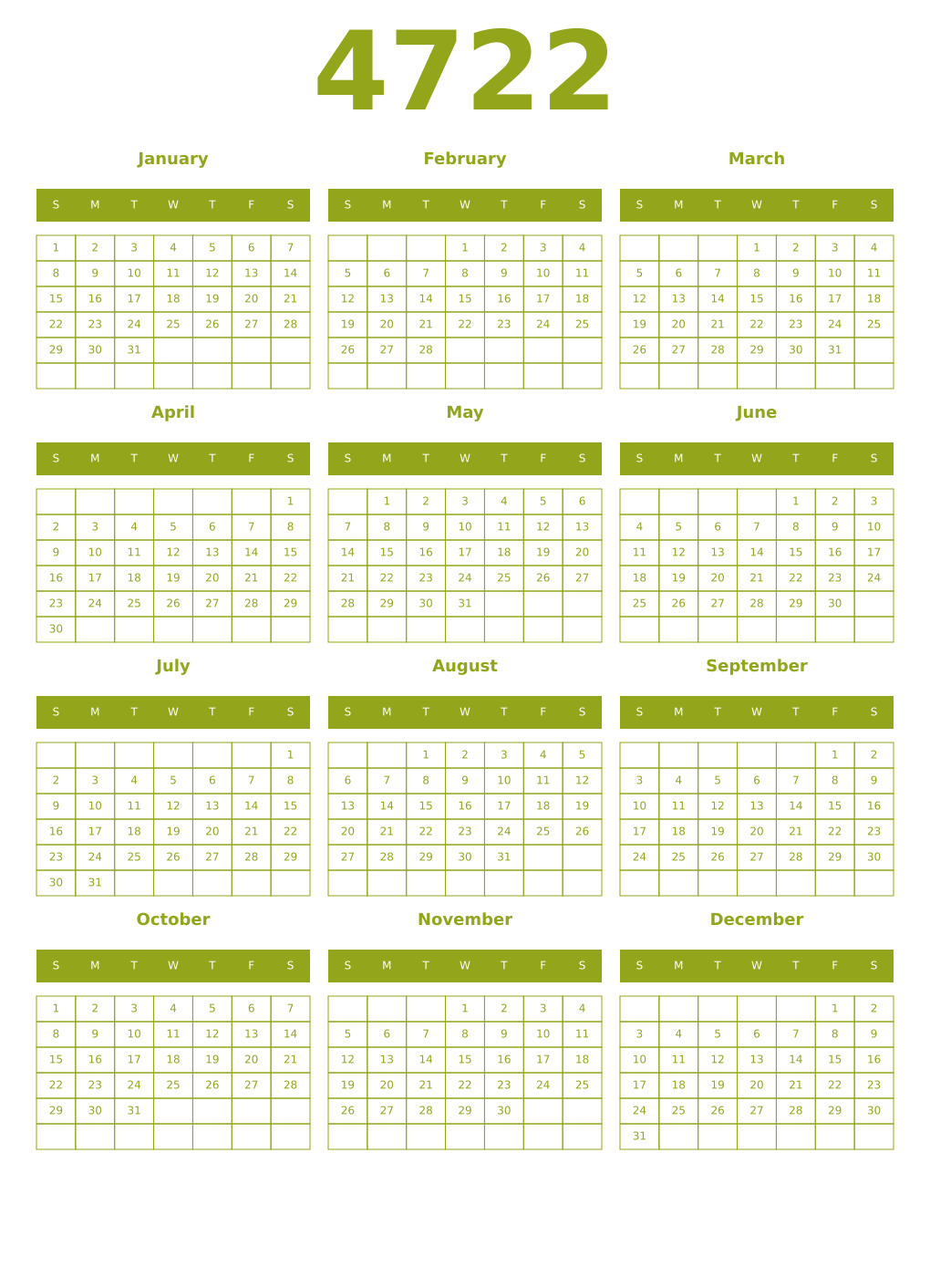 Printable 4722 Year Calendars chartreuse