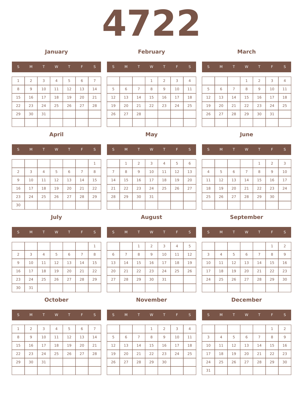 Printable 4722 Year Calendars coffe
