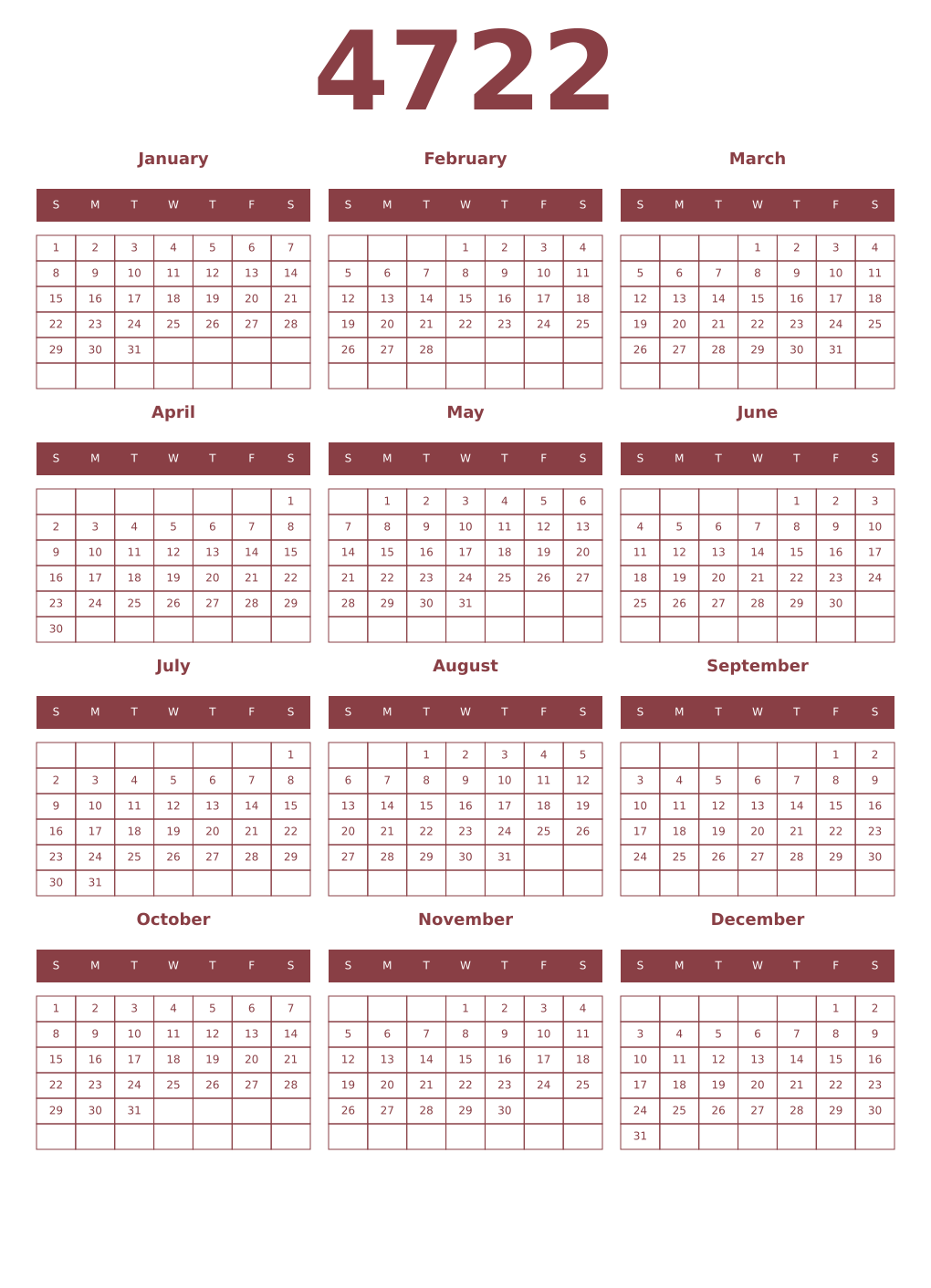Printable 4722 Year Calendars cordovan