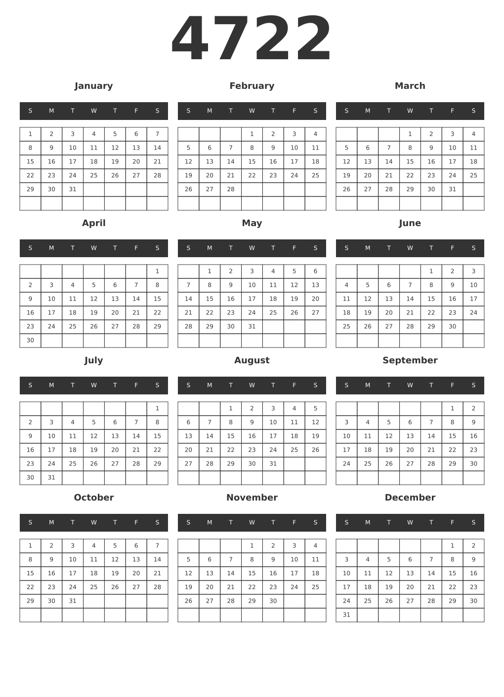 Printable 4722 Year Calendars dark