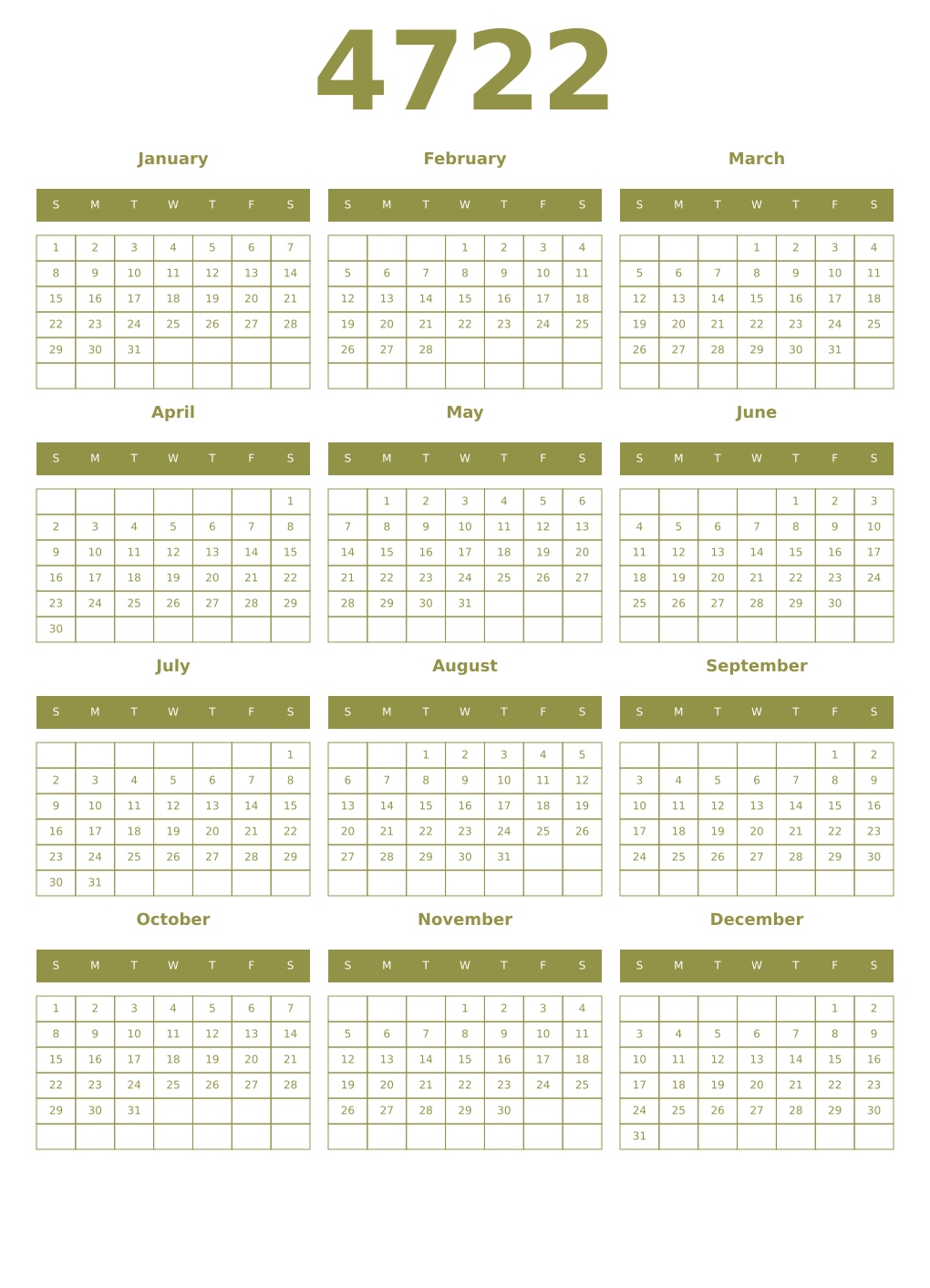 Printable 4722 Year Calendars eburnean