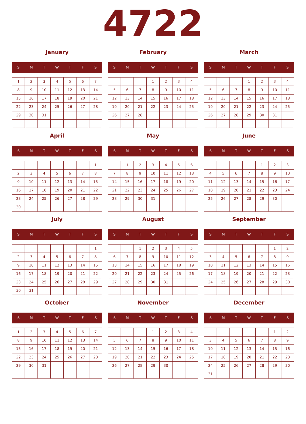 Printable 4722 Year Calendars falu