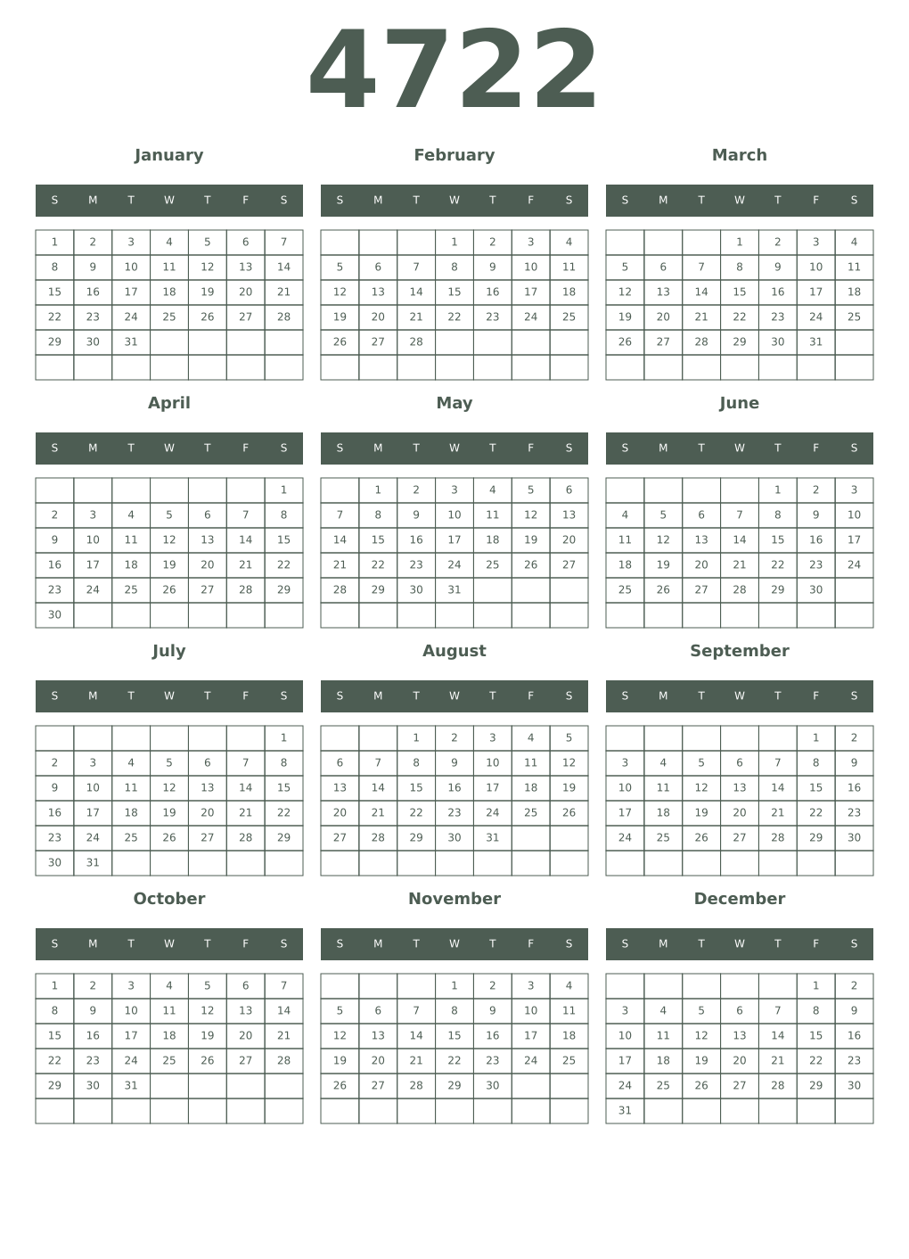 Printable 4722 Year Calendars feldgrau