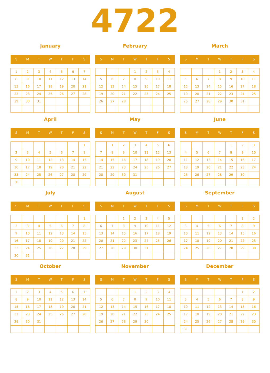 Printable 4722 Year Calendars gamboge