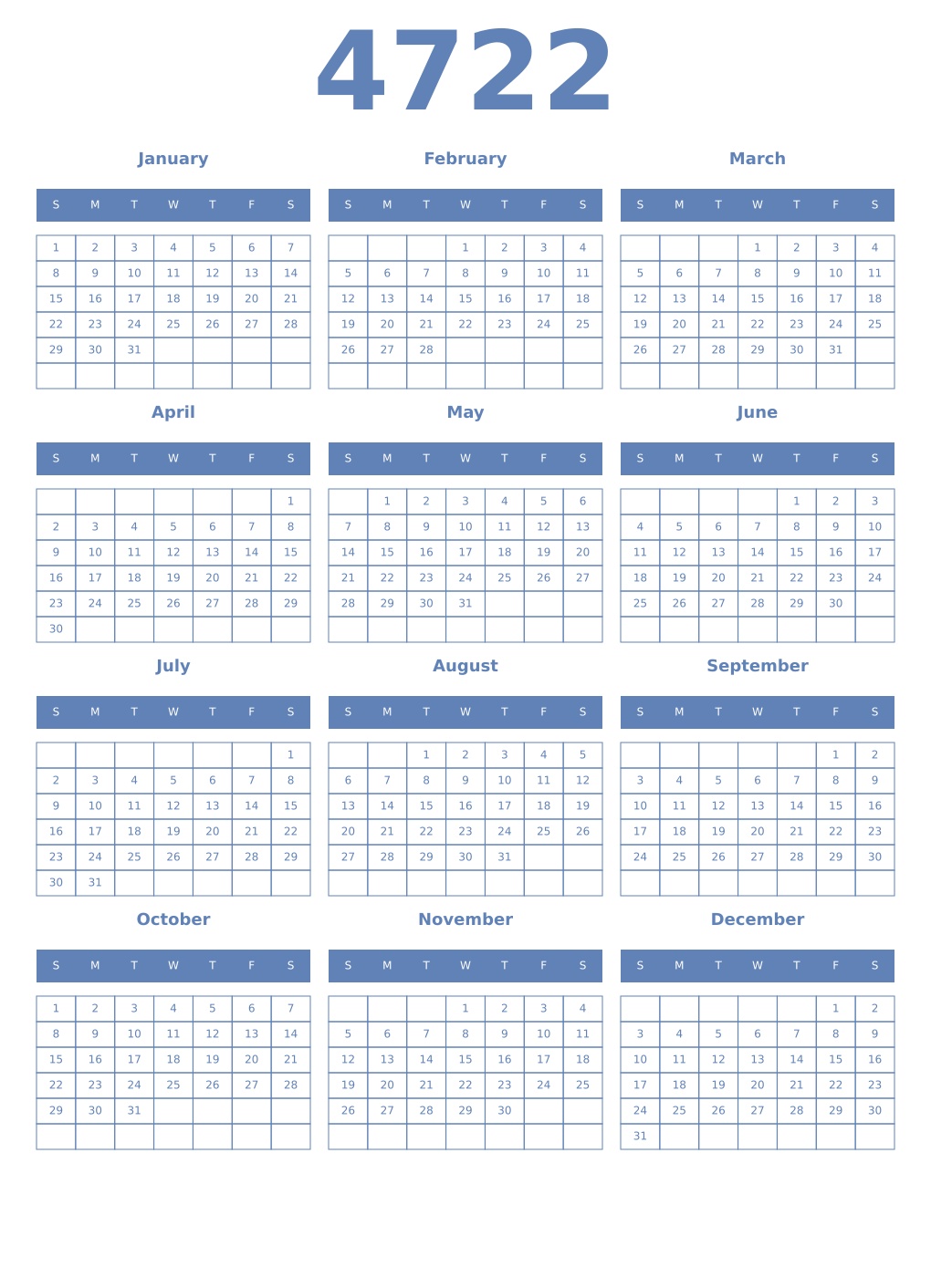 Printable 4722 Year Calendars glaucous