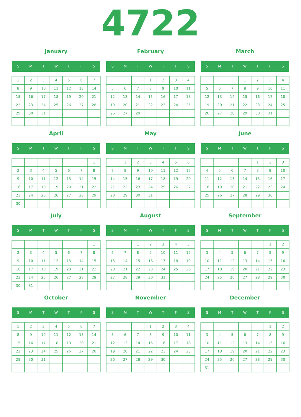 Printable 4722 Year Calendars green