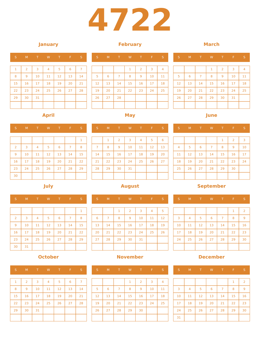 Printable 4722 Year Calendars orange