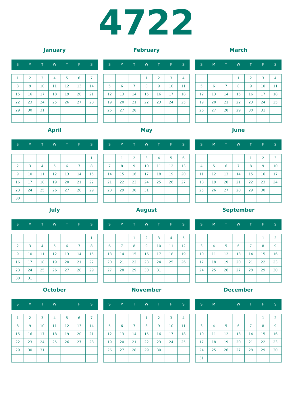 Printable 4722 Year Calendars pastel