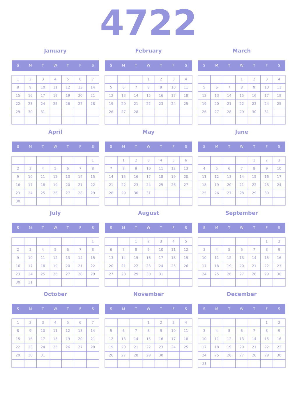 Printable 4722 Year Calendars periwinkle