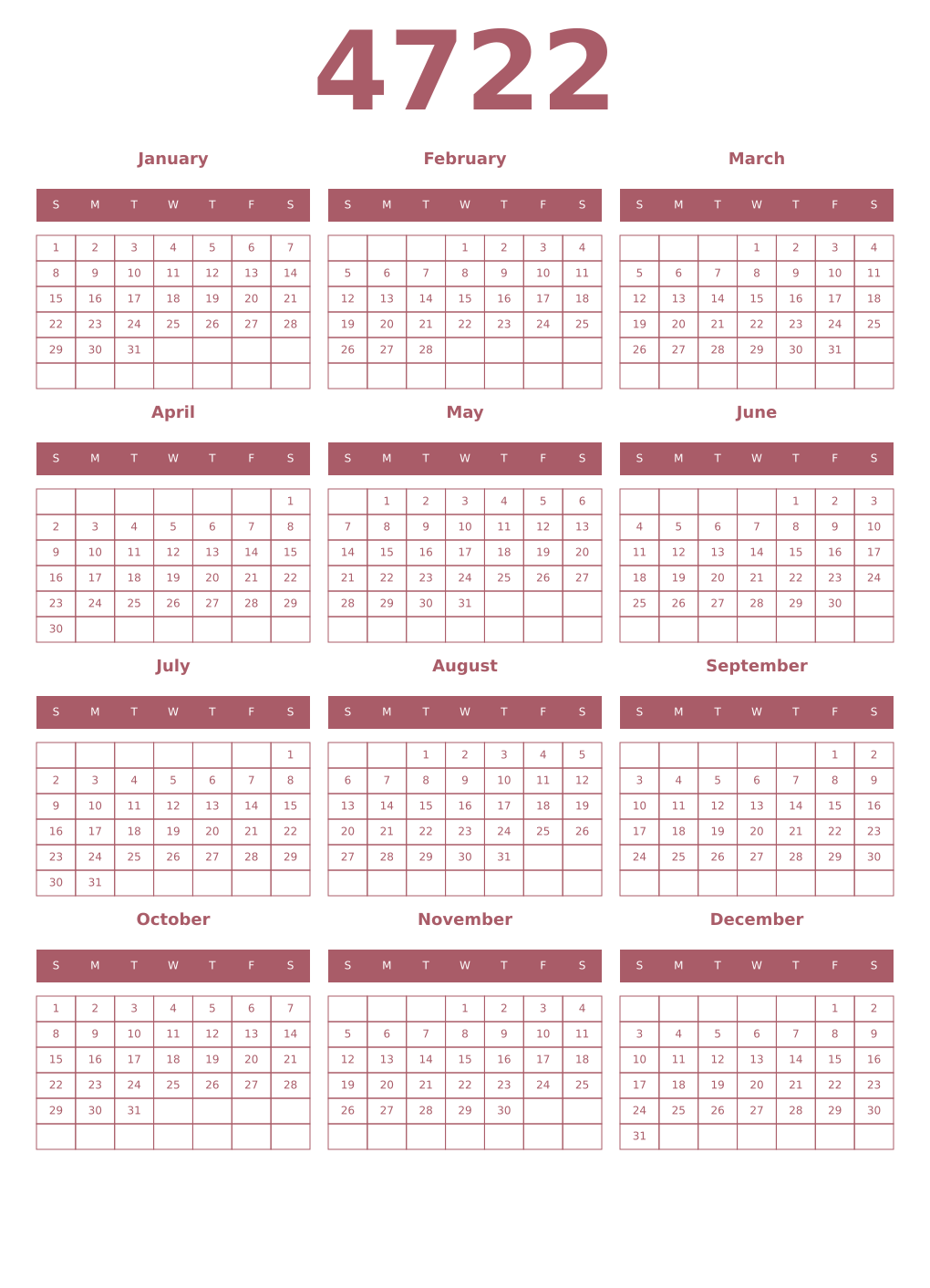 Printable 4722 Year Calendars puce