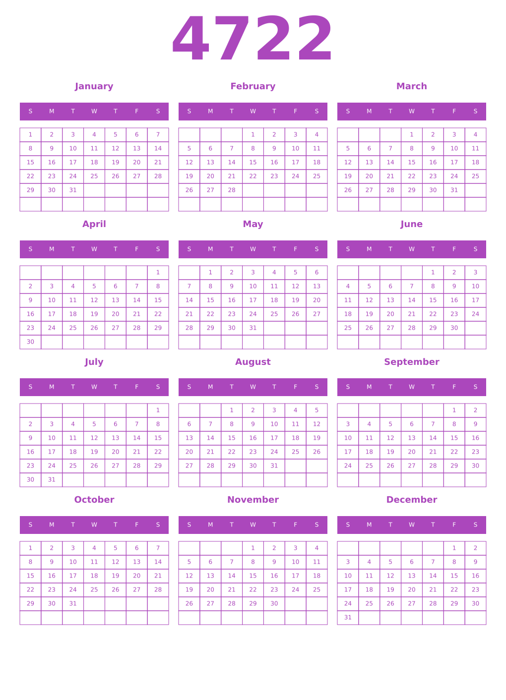 Printable 4722 Year Calendars purple