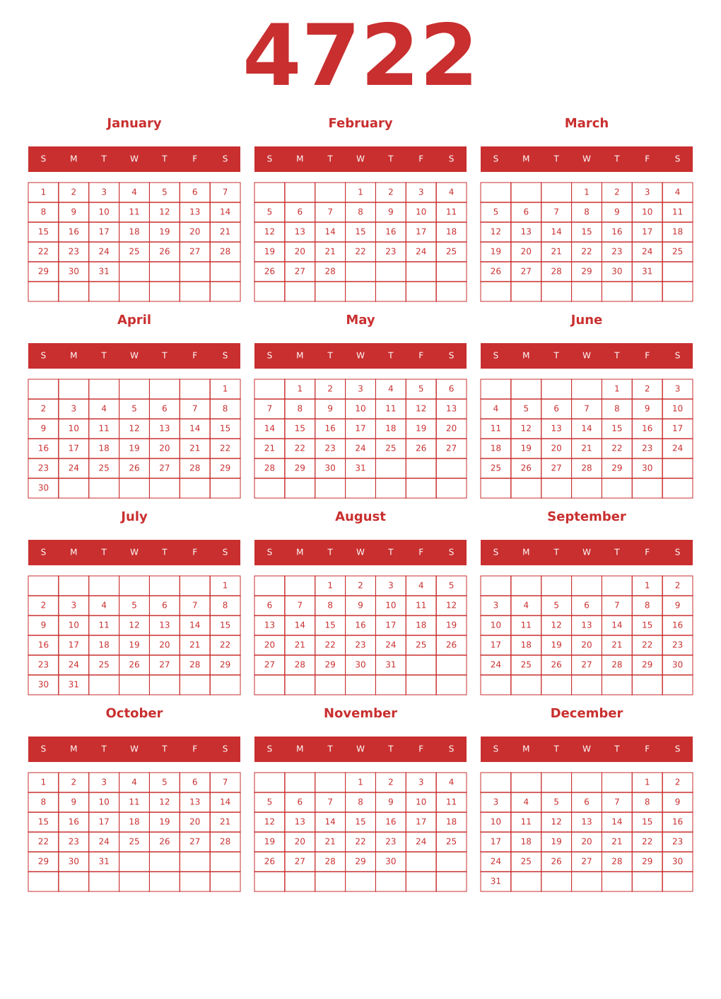 Printable 4722 Year Calendars red