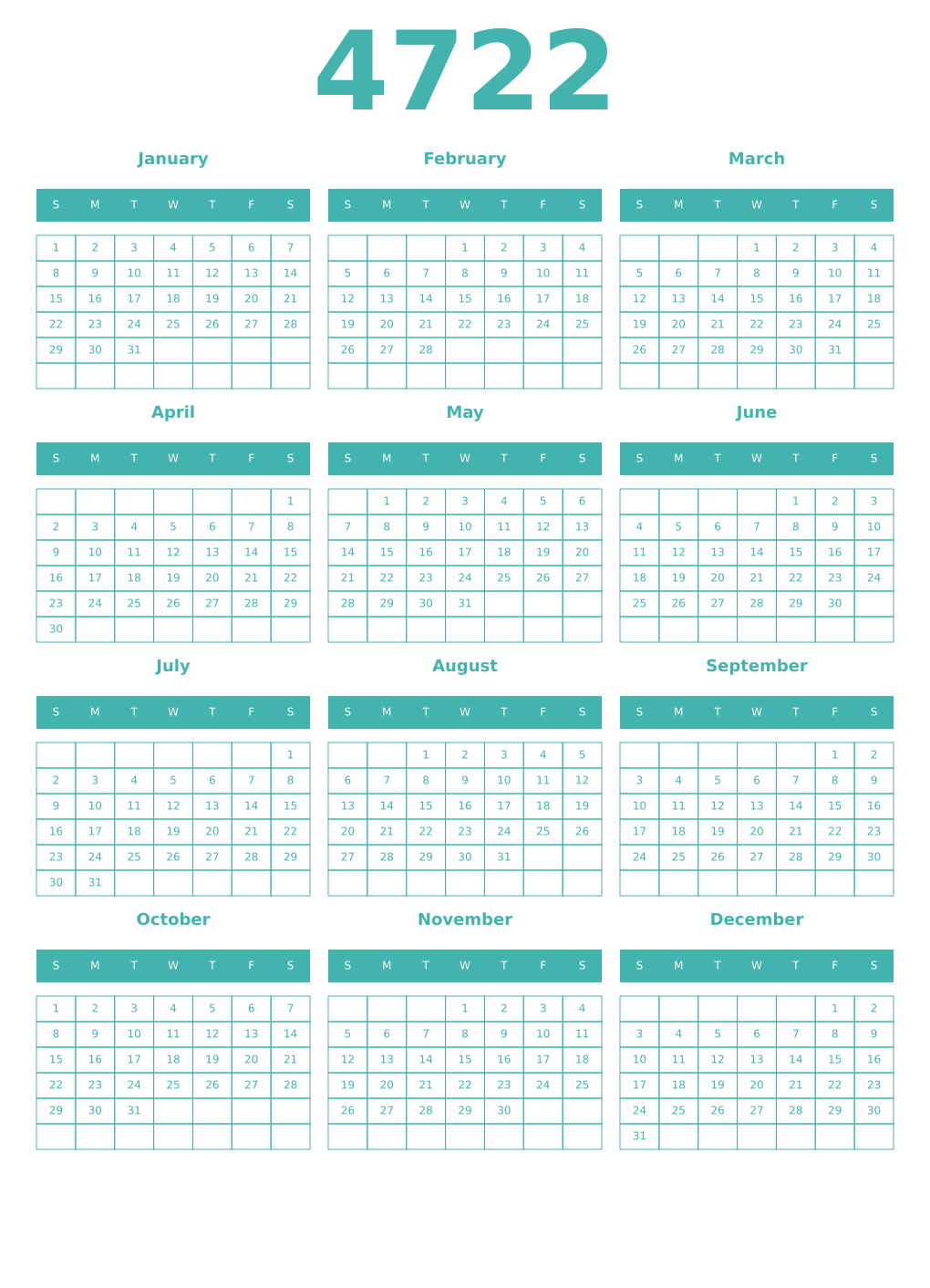 Printable 4722 Year Calendars verdigris