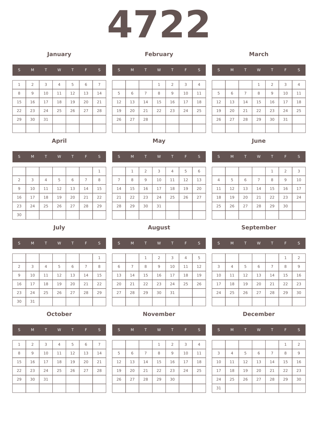 Printable 4722 Year Calendars wenge