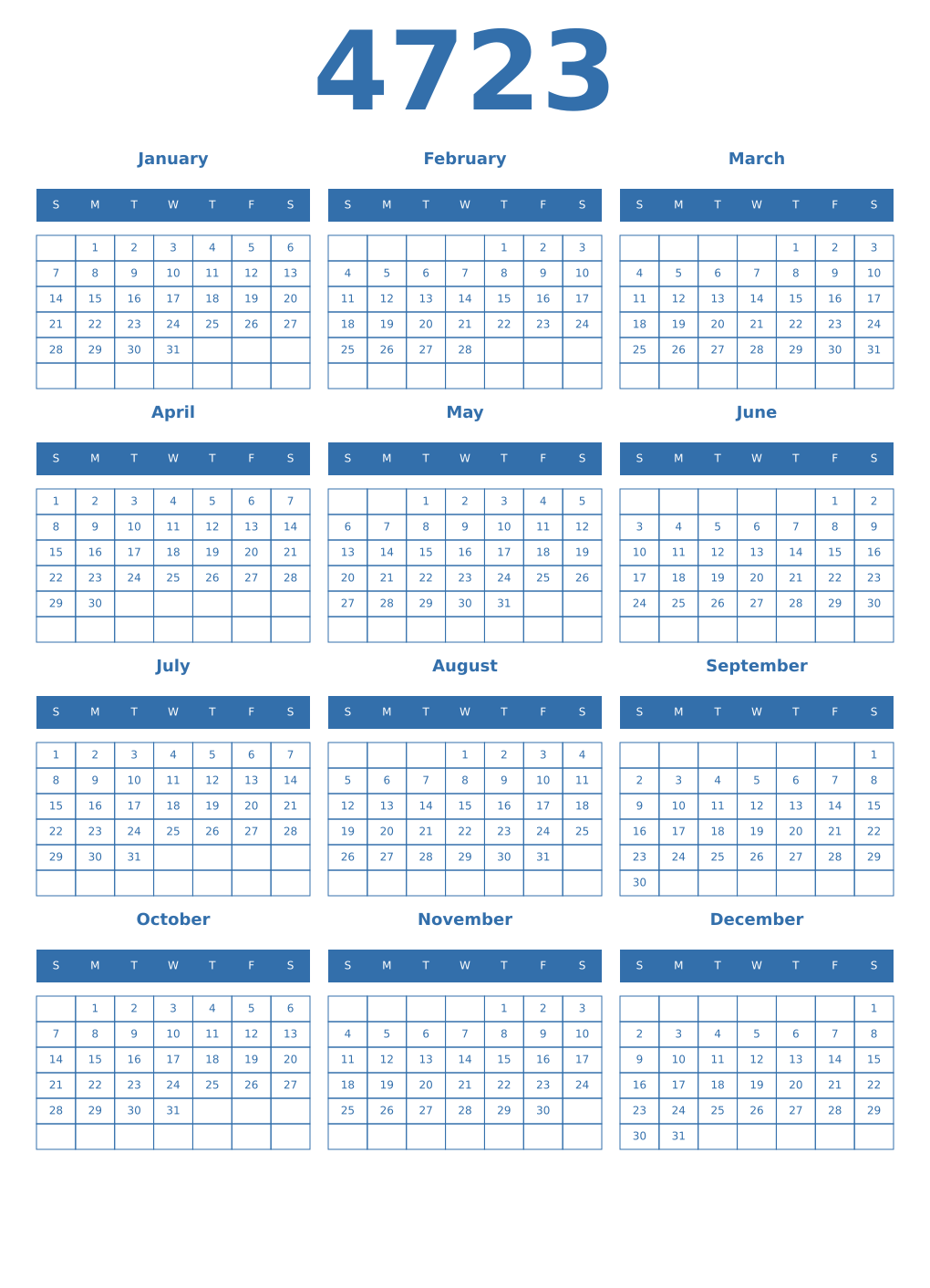 Printable 4723 Year Calendars blue