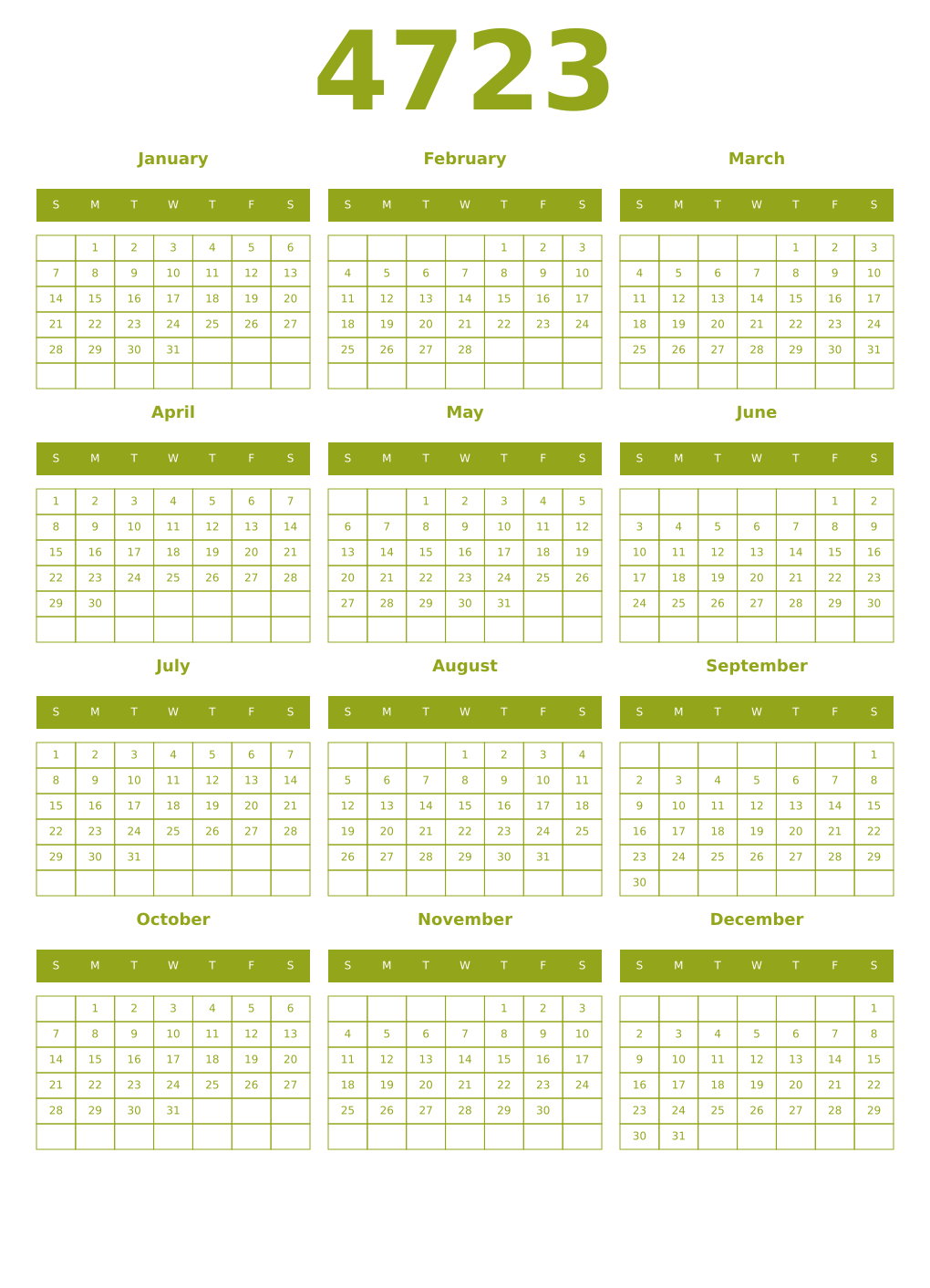 Printable 4723 Year Calendars chartreuse