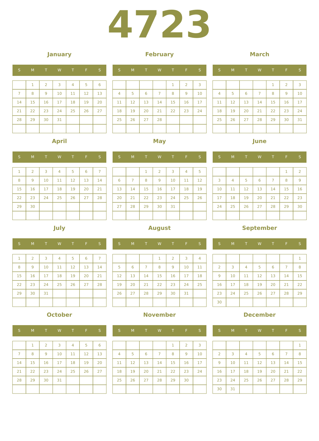 Printable 4723 Year Calendars eburnean