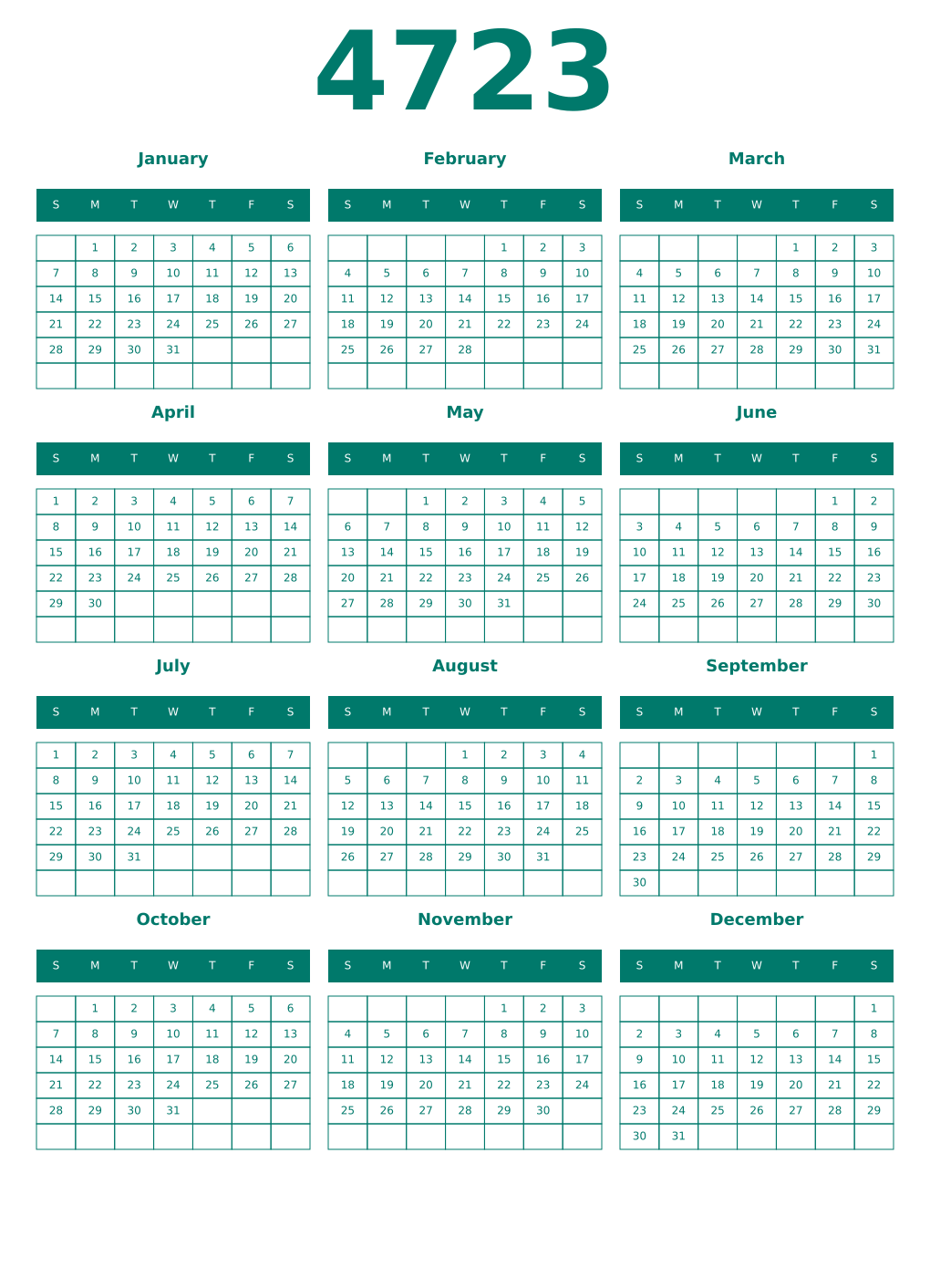 Printable 4723 Year Calendars pastel