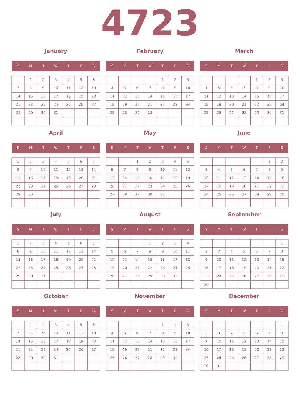 Printable 4723 Year Calendars puce