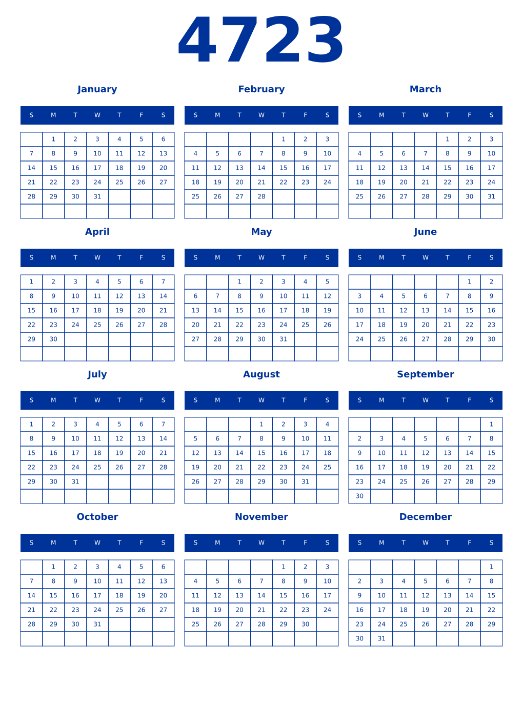 Printable 4723 Year Calendars smalt