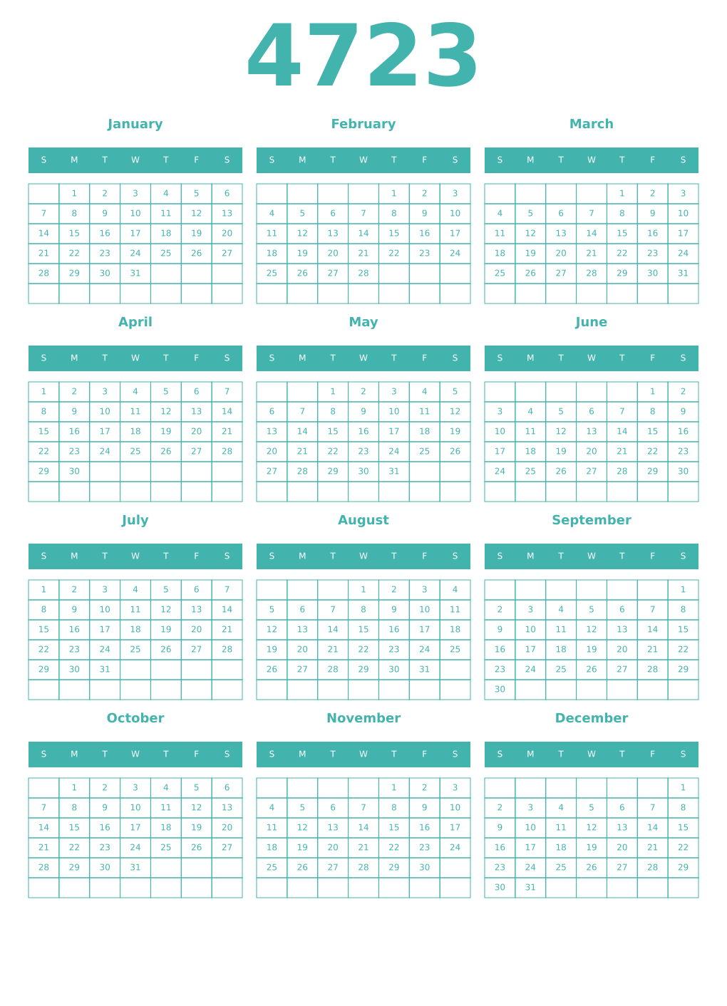 Printable 4723 Year Calendars verdigris