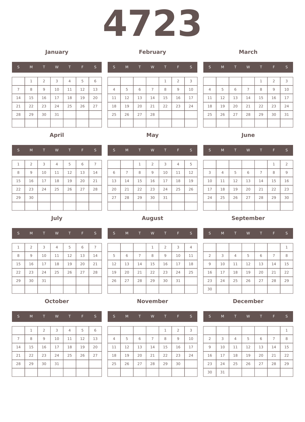 Printable 4723 Year Calendars wenge