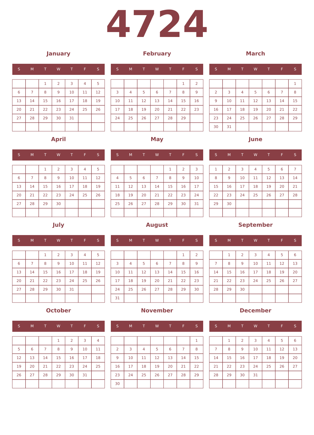 Printable 4724 Year Calendars cordovan