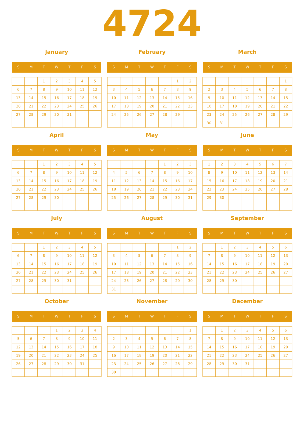 Printable 4724 Year Calendars gamboge