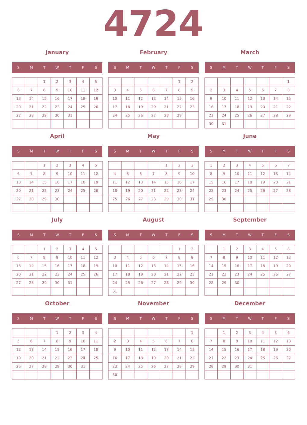 Printable 4724 Year Calendars puce