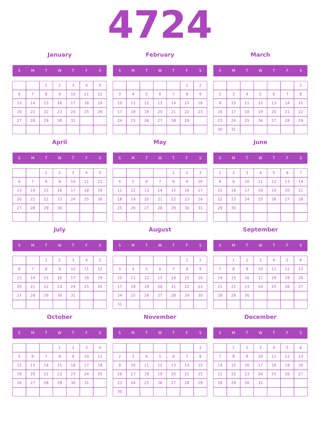 Printable 4724 Year Calendars purple