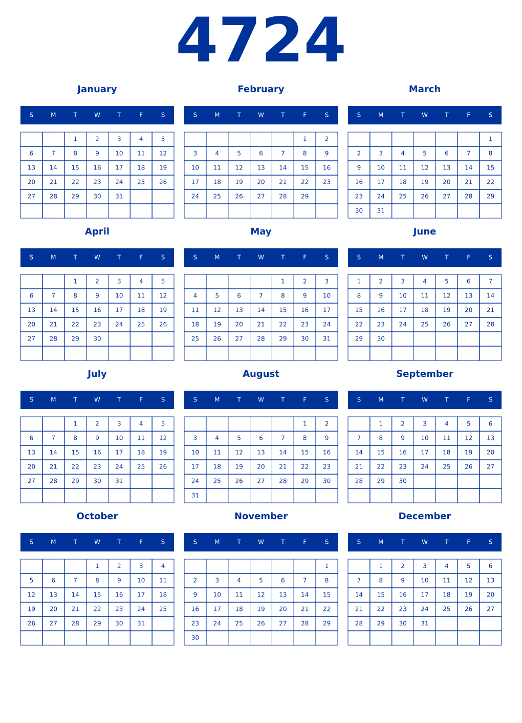 Printable 4724 Year Calendars smalt
