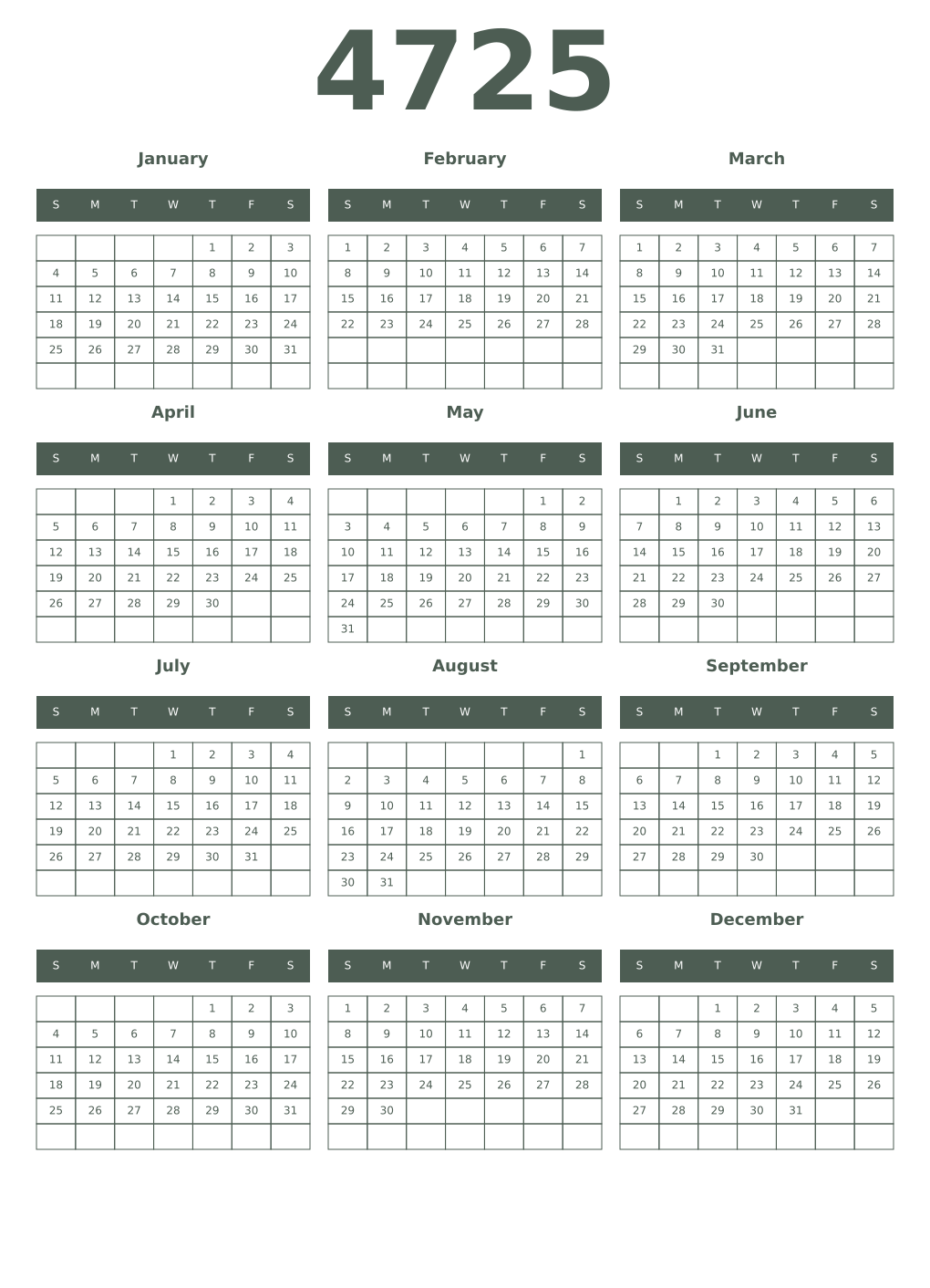 Printable 4725 Year Calendars feldgrau