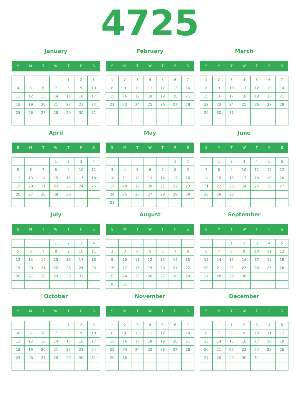 Printable 4725 Year Calendars green