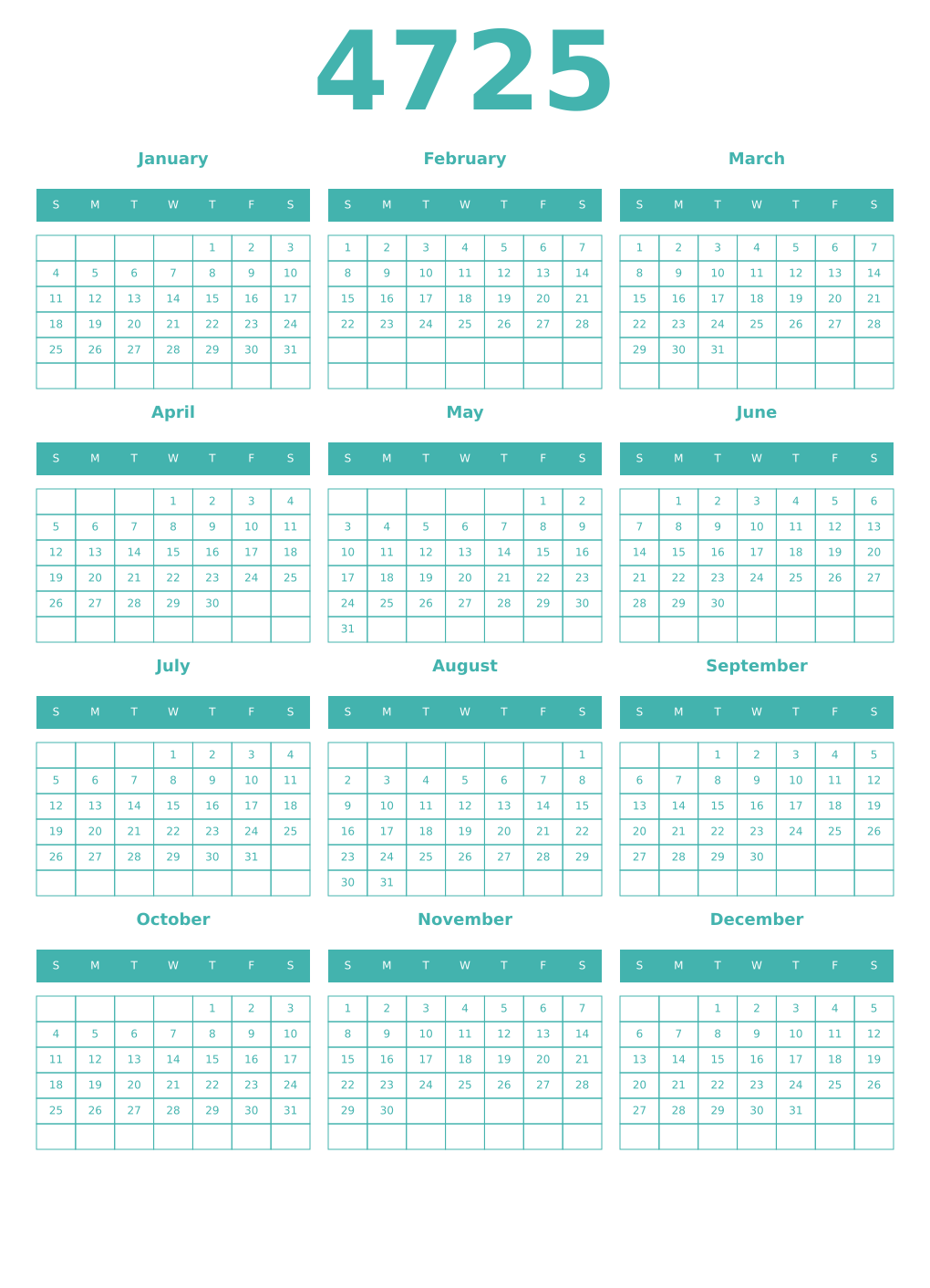 Printable 4725 Year Calendars verdigris