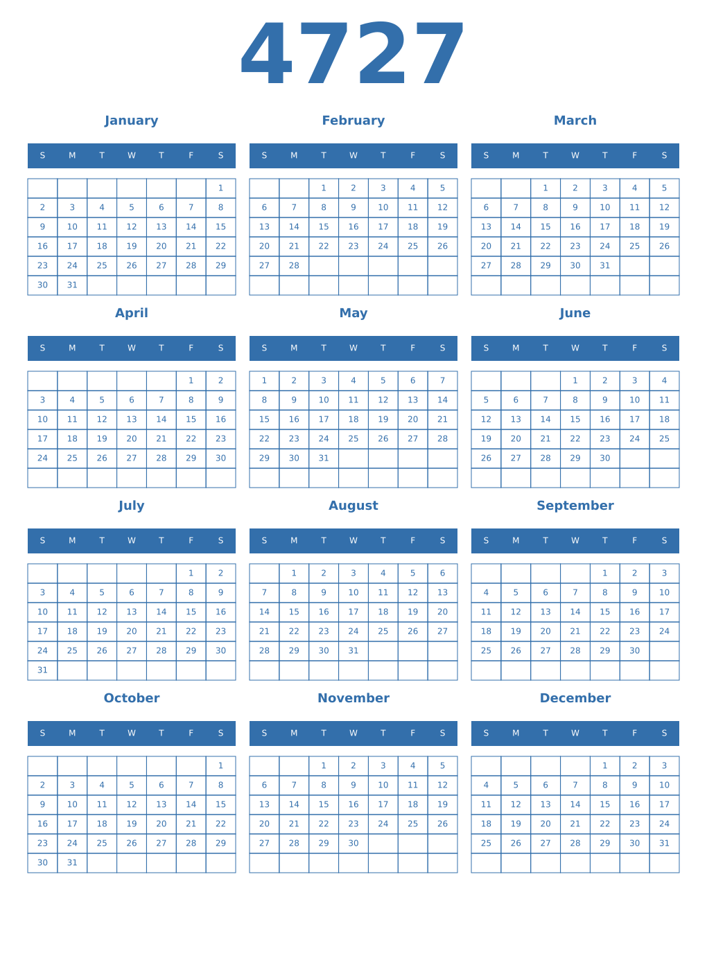 Printable 4727 Year Calendars blue
