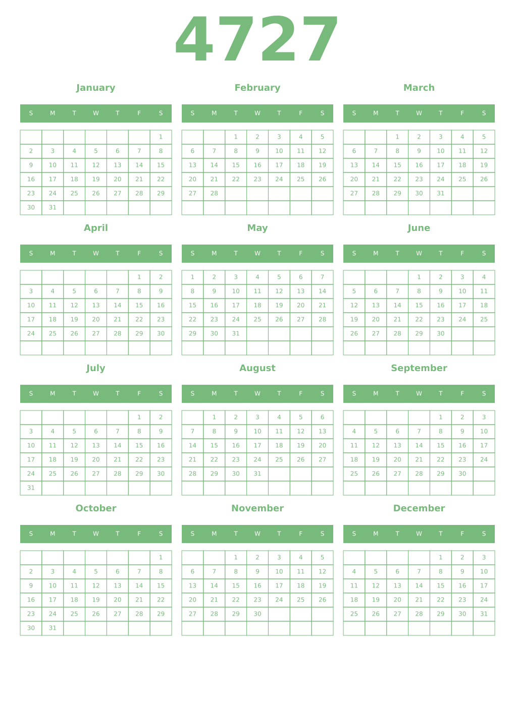 Printable 4727 Year Calendars celadon