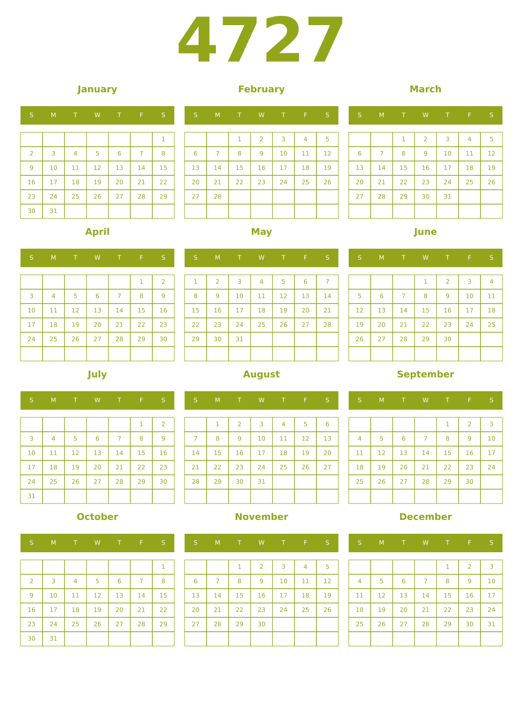 Printable 4727 Year Calendars chartreuse