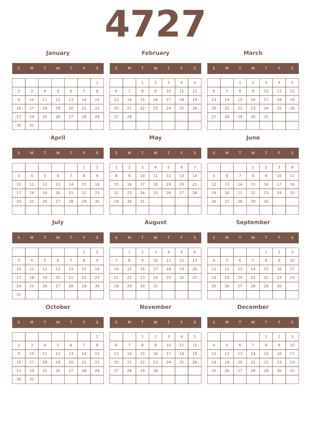 Printable 4727 Year Calendars coffe