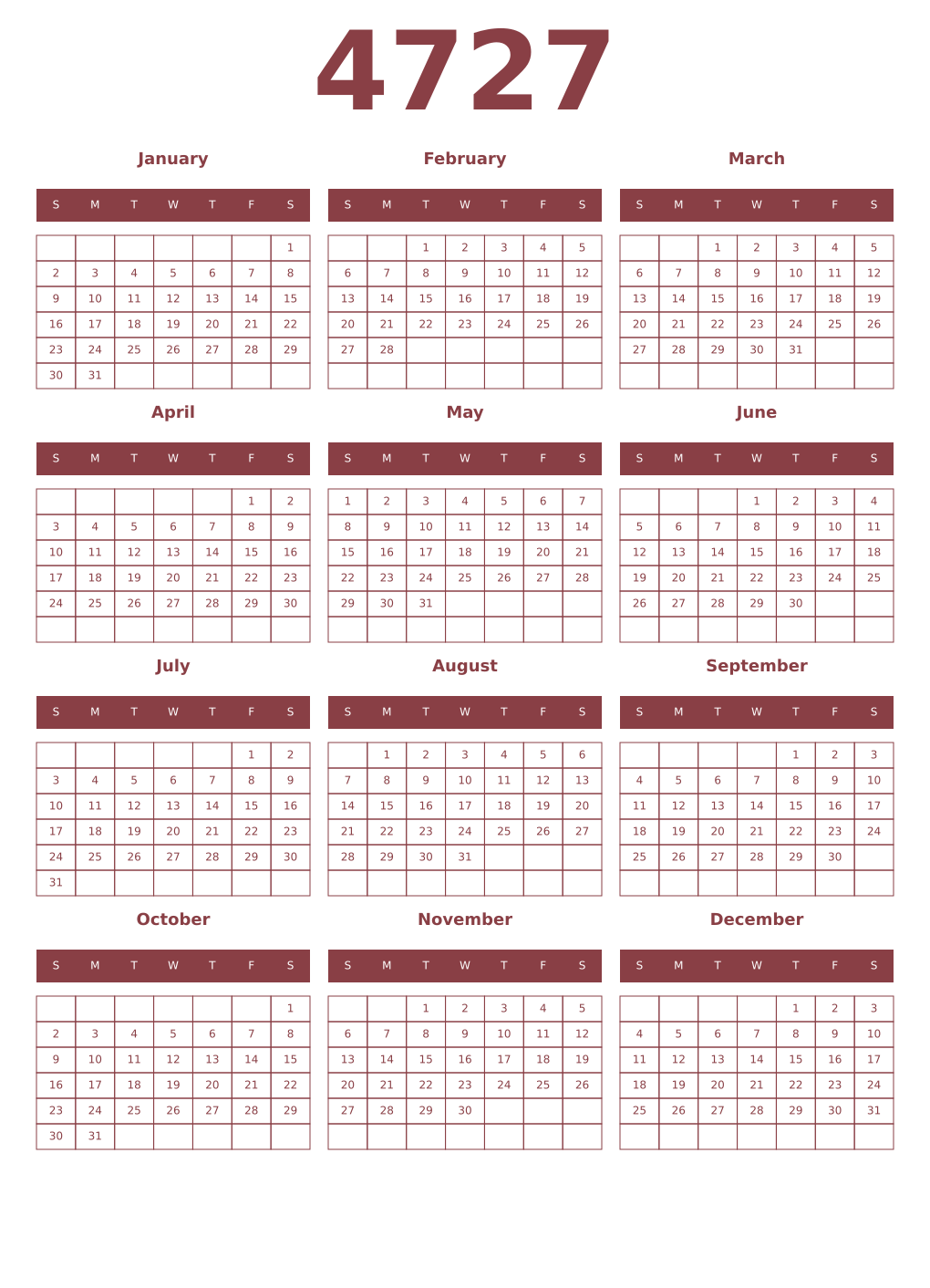Printable 4727 Year Calendars cordovan