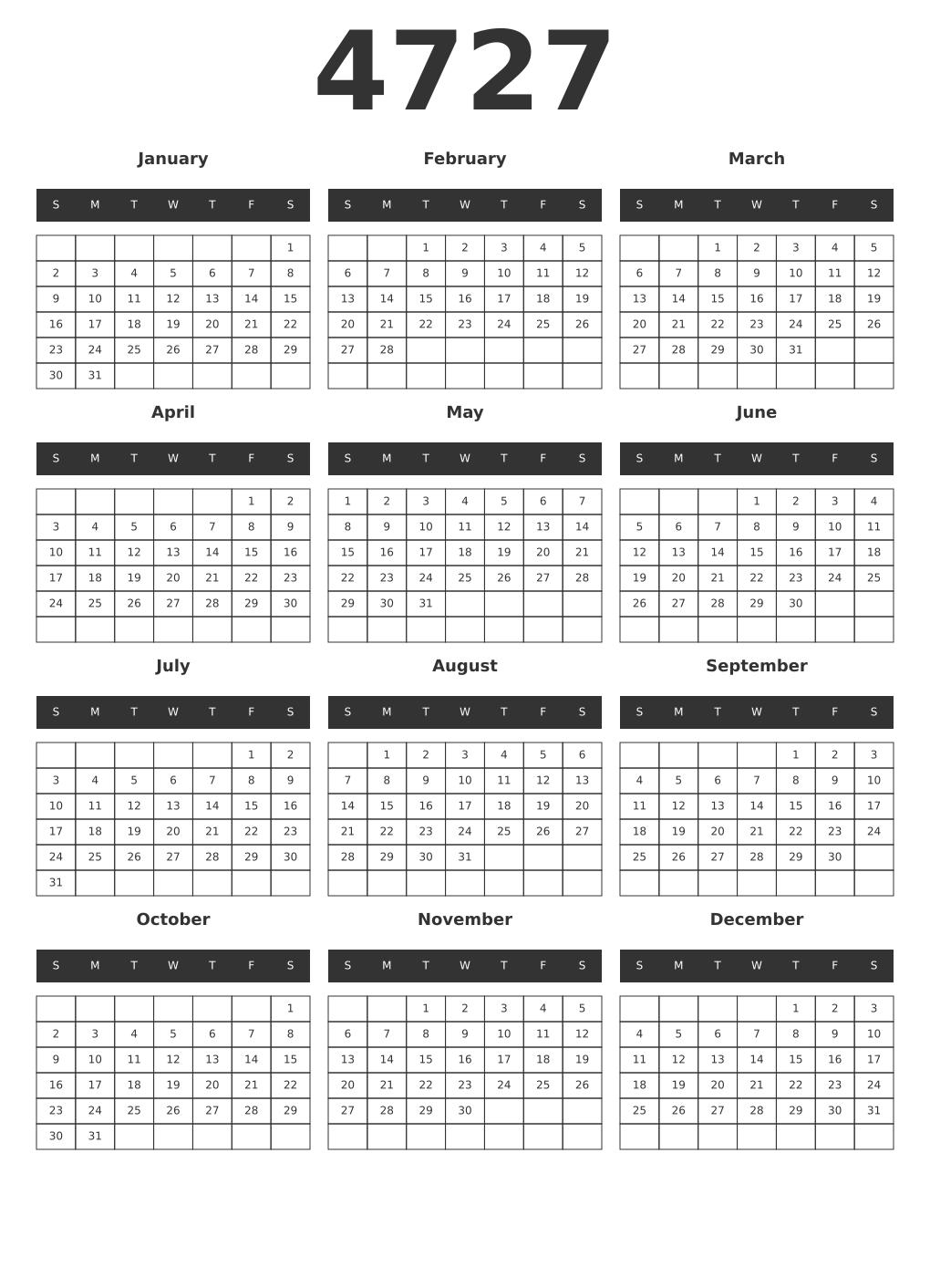 Printable 4727 Year Calendars dark