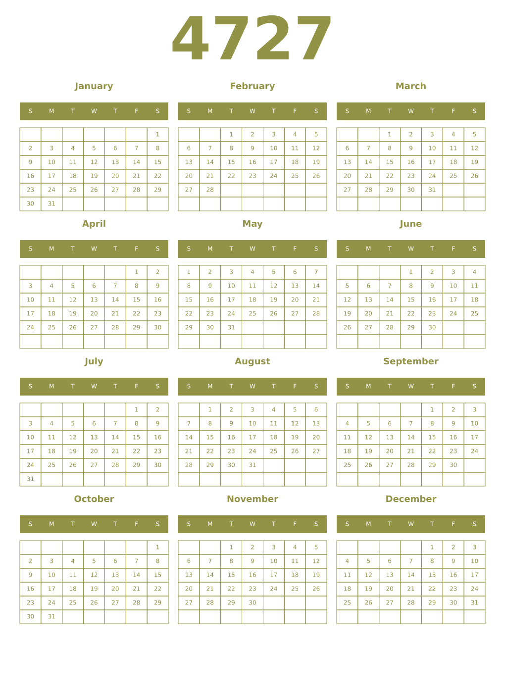 Printable 4727 Year Calendars eburnean