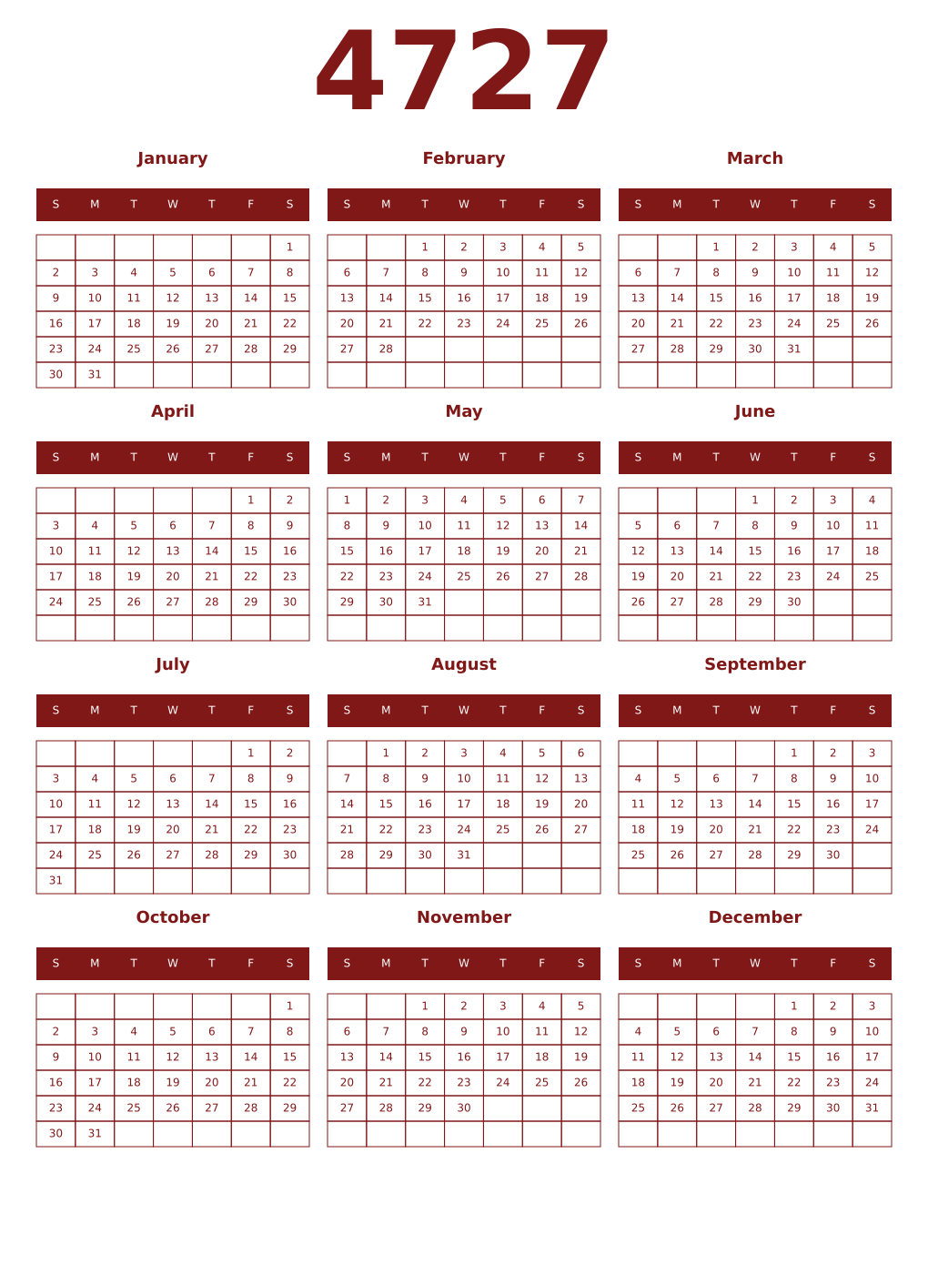 Printable 4727 Year Calendars falu