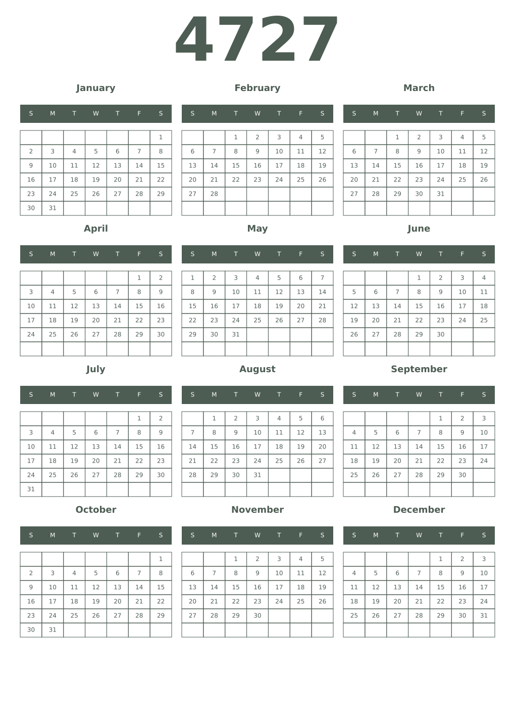 Printable 4727 Year Calendars feldgrau