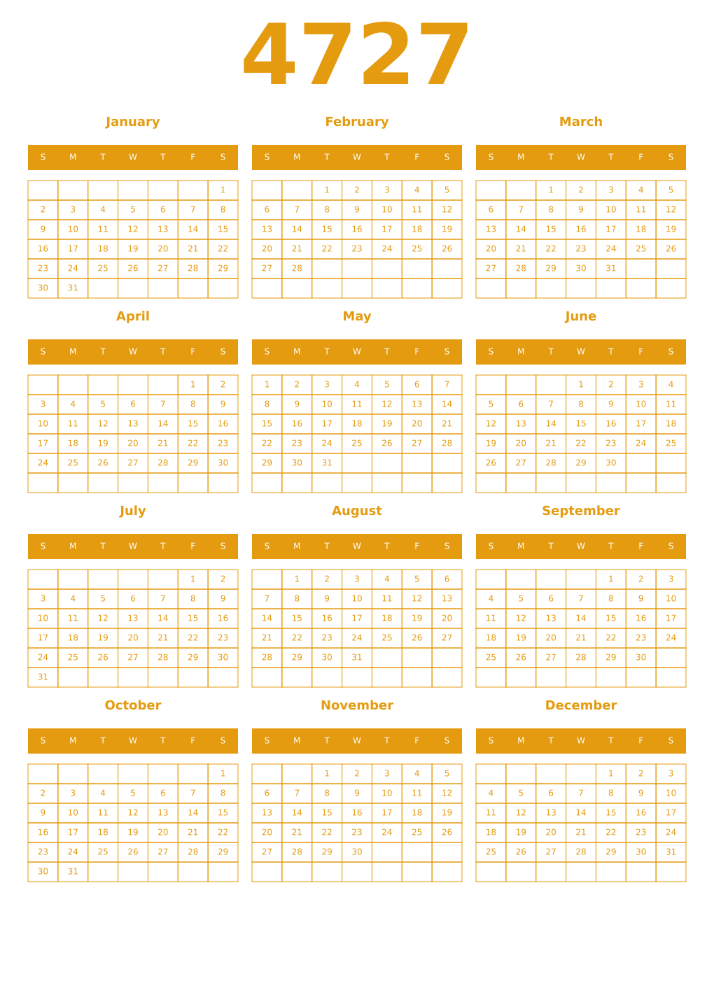 Printable 4727 Year Calendars gamboge