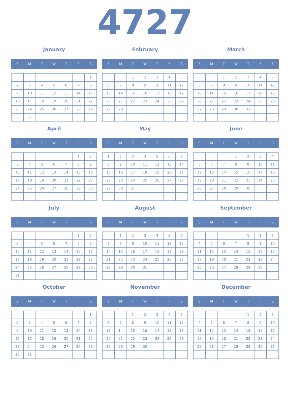 Printable 4727 Year Calendars glaucous