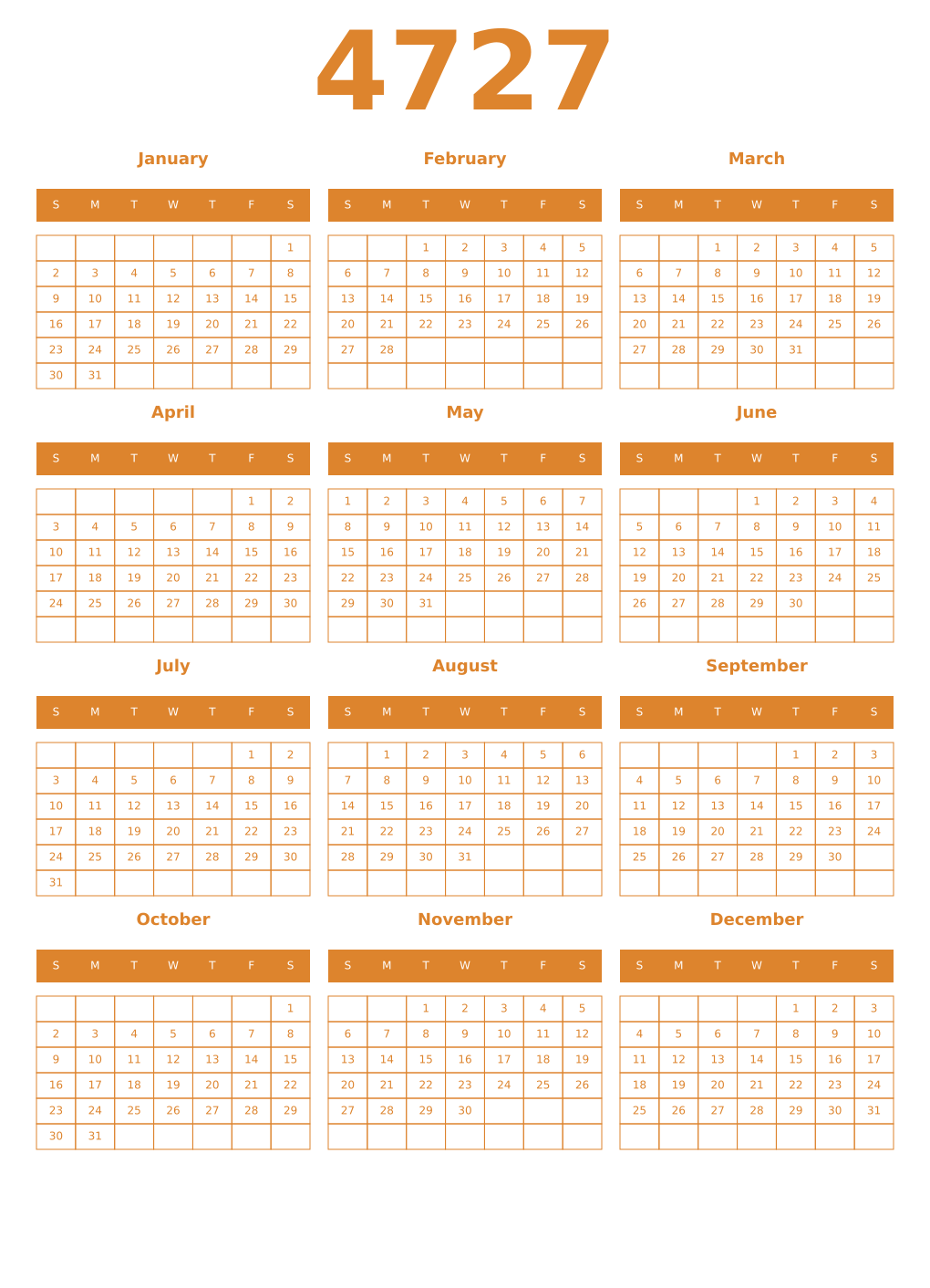 Printable 4727 Year Calendars orange